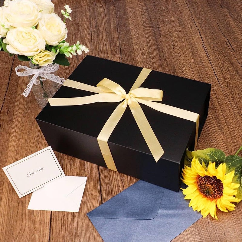 UoeRing 1 Pcs Black Gift Box,11.5x8x4 Magnetic Gift Box for Presents with Lids Rectangle Collapsible for Bridesmaid Proposal Box,Wedding,Christmas,Birthday Gift Packging with Ribbon Card Envelope - Image 2